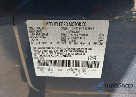 2019 Lincoln Nautilus Select z USA, uszkodzony, nr VIN 2LMPJ8K98KBL28404